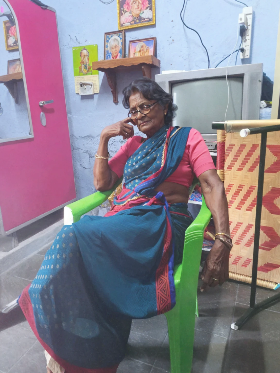 Change realistic,old lady,70 age old lady,rich lady with black colour cooling glass(eye glass),((8k)),ultra realistic,best quality, detailed old lady,high detailed picture , detailed 70 year old lady