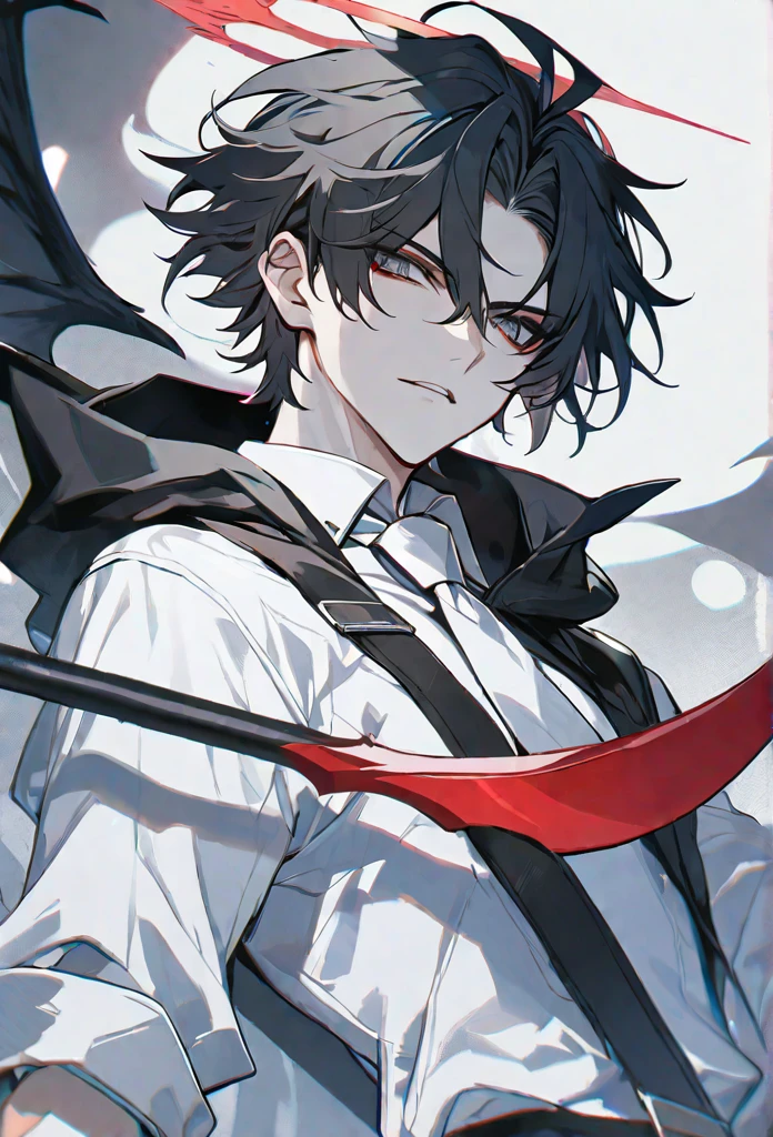 solo, handsome, 1 male, short hair, black hair and white color hair, pale eyes, white shirt, white tie, black hood, black wings, red halo, red scythe