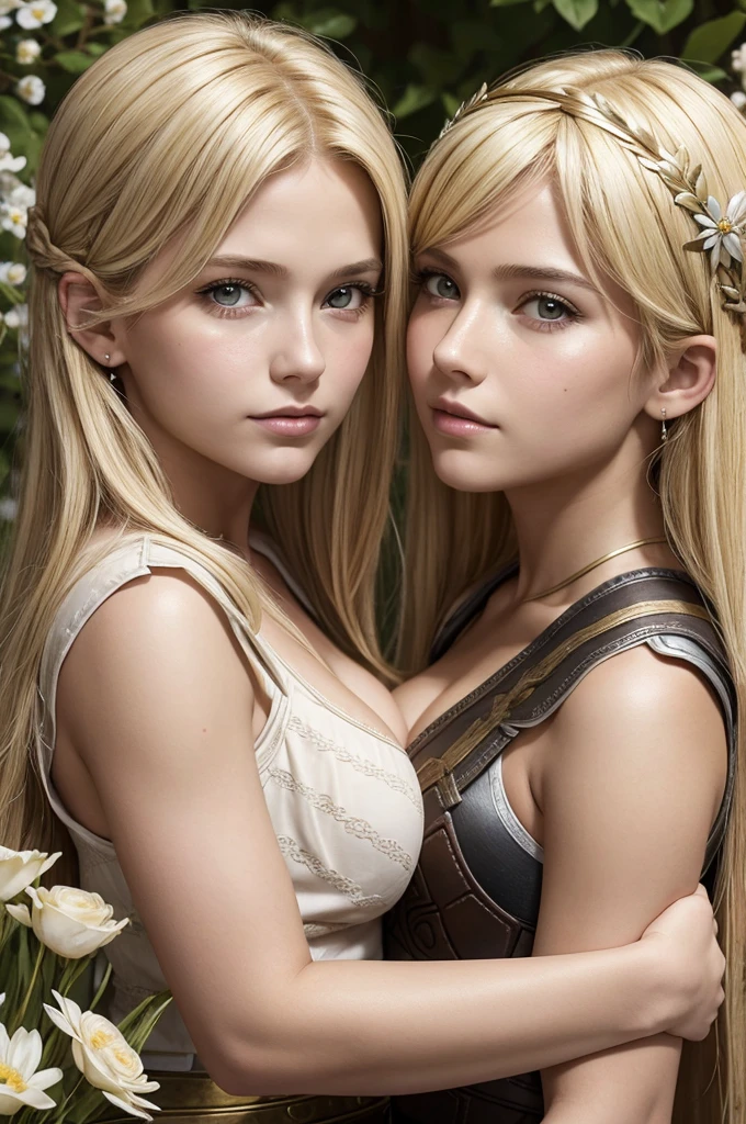 mother and daughter portrait break: mature woman, roman warrior, queens blade , mature, blonde, detailed face, curvy, fighter position, break: teen girl, roman warrior, princess blade , 13 years old, teenager girl, small breasts, mini cropped, valkyrian princess ,blonde, detailed face, beautiful, confiant, background in uk land with flowers, soft lesbians