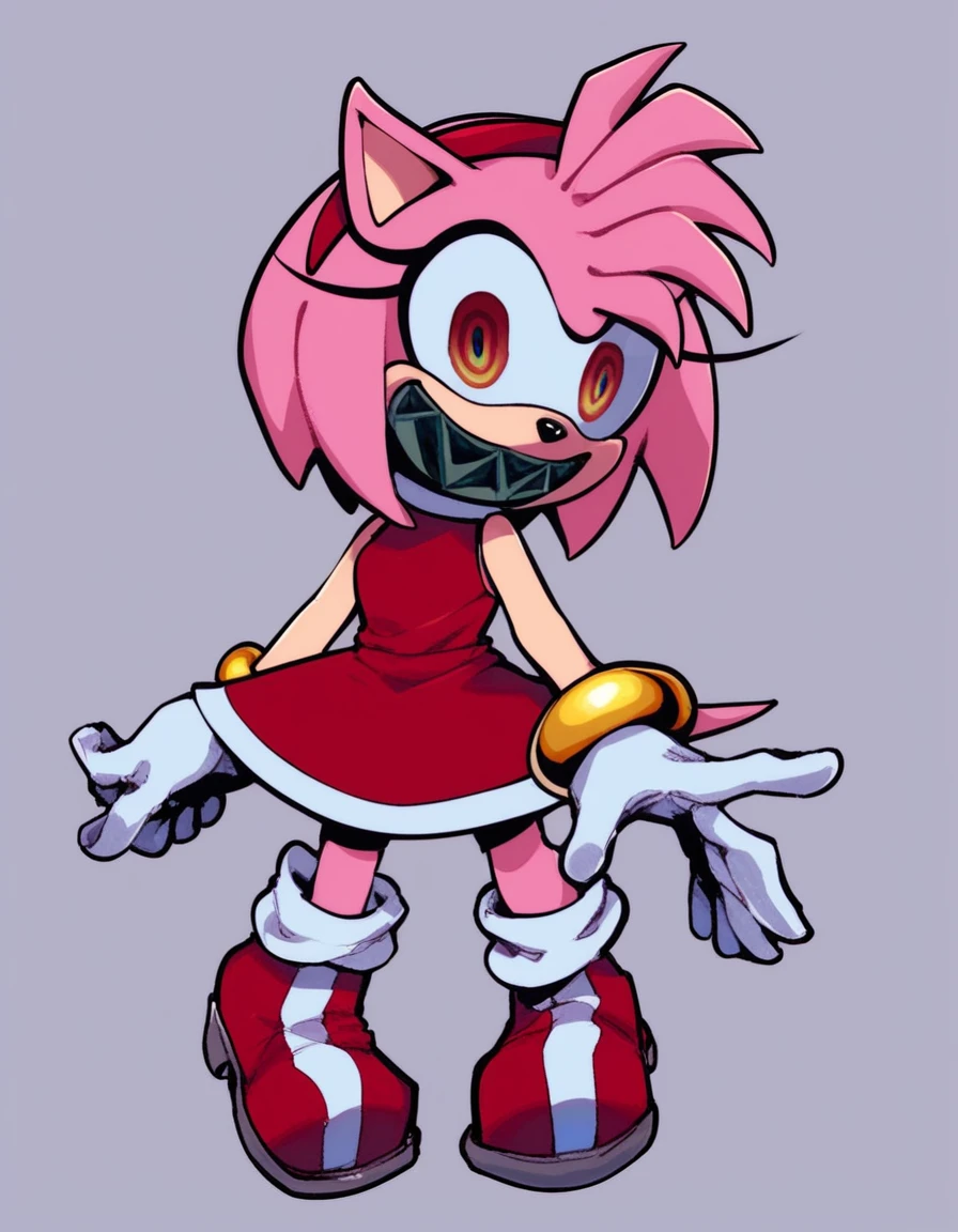 posessed_amy, 1girl, solo, smile, open mouth, simple background, gloves, dress, animal ears, bare shoulders, standing, full body, pink hair, sidelocks, hairband, boots, shoes, teeth, sleeveless, white gloves, flat chest, bracelet, sleeveless dress, short dress, red dress, sharp teeth, red footwear, furry, furry female, red hairband, body fur, animal nose, pink fur, amy_rose, sharp teeth