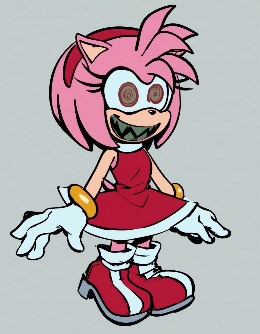 posessed_amy, 1girl, solo, smile, open mouth, simple background, gloves, dress, animal ears, bare shoulders, standing, full body, pink hair, sidelocks, hairband, boots, shoes, teeth, sleeveless, white gloves, flat chest, bracelet, sleeveless dress, short dress, red dress, sharp teeth, red footwear, furry, furry female, red hairband, body fur, animal nose, pink fur, amy_rose, sharp teeth