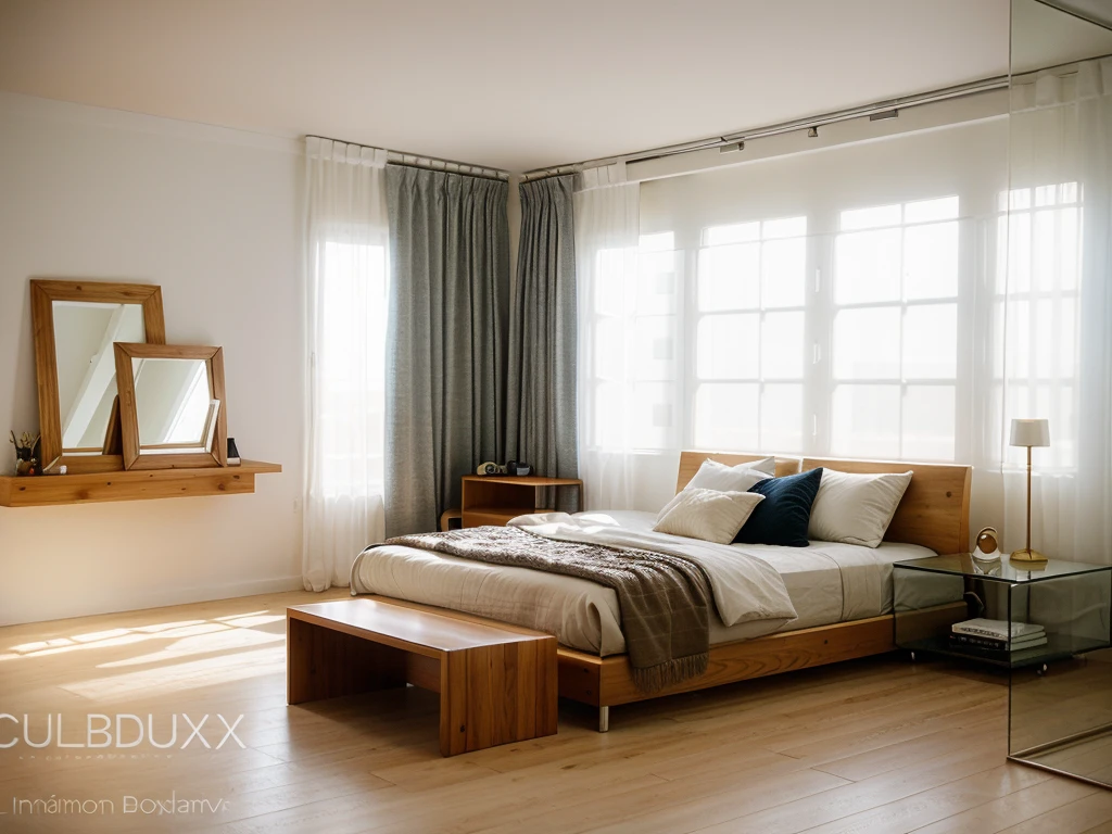 modern bedroom, cenery, indoors, window, lamp, bed, table, curtains, pillow, couch, chair, cup, bedroom, television, blanket, box, mirror, cabinet,  no humans, wooden floor, cinematic lighting, 3dsmax, vray,
