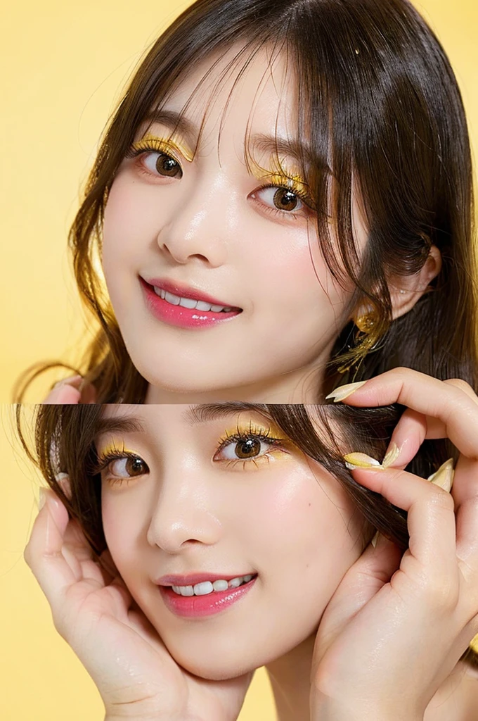 (((big laugh))), high-level image quality、20 year old Korean girl photo, raw, cute face, (bob hair), ((Portrait)), ((Detailed face:1.2)), ((A detailed face Characterized by fine skin), pale skin, , (cold color), moist, moist, reflector stay piece) (perfectly proportions)(photos realistic)(Best Quality) photographed in a Canon EOS R5, 50mm Lens,(8K), very long upper eyelashes、Very long lower eyelashes、Detailed lashes、Curled eyelashes、eyelash perm、Beautiful lashes, Glamorous makeup、Natural eyes、Oku Duplex、very beautiful eyelashes, (dull yellow background:1.4),