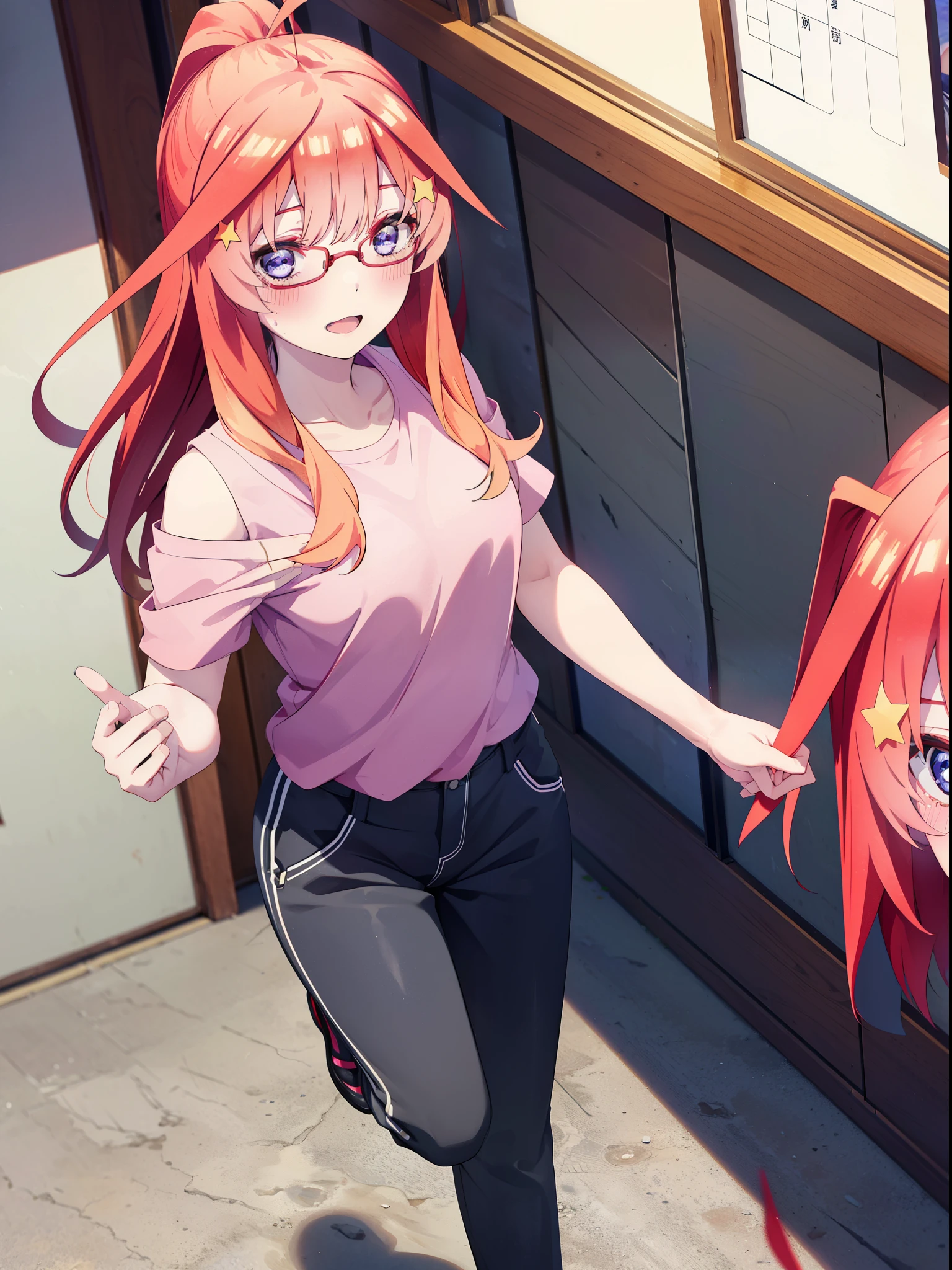 itsukinakano, itsuki nakano, bangs, blue eyes, Hair between the eyes, Ahoge, Redhead, star \(symbol\), hair ornaments, star hair ornaments,smile,blush,Open your mouth,ponytail,Red-rimmed glasses,Cold Shoulder Shirt,Short sleeve,skinny pants,Stiletto heels,Walking,whole bodyがイラストに入るように,
break indoors, School,廊下
break looking at viewer, whole body,
break (masterpiece:1.2), Highest quality, High resolution, unity 8k wallpaper, (figure:0.8), (Beautiful attention to detail:1.6), Highly detailed face, Perfect lighting, Highly detailed CG, (Perfect hands, Perfect Anatomy),