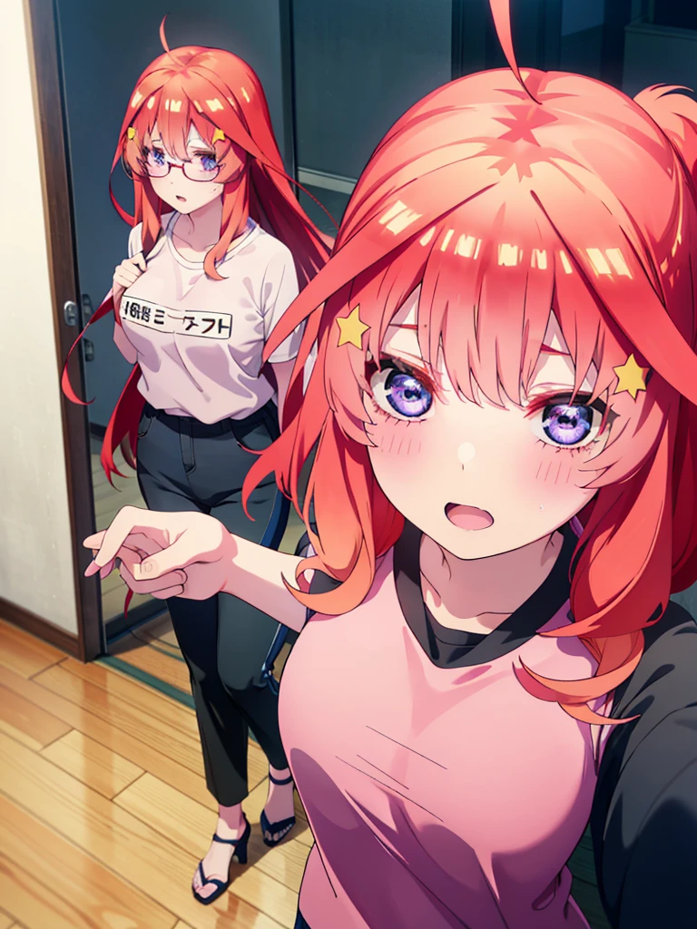 itsukinakano, itsuki nakano, bangs, blue eyes, Hair between the eyes, Ahoge, Redhead, star \(symbol\), hair ornaments, star hair ornaments,smile,blush,Open your mouth,ponytail,Red-rimmed glasses,Cold Shoulder Shirt,Short sleeve,skinny pants,Stiletto heels,Walking,whole bodyがイラストに入るように,
break indoors, School,廊下
break looking at viewer, whole body,
break (masterpiece:1.2), Highest quality, High resolution, unity 8k wallpaper, (figure:0.8), (Beautiful attention to detail:1.6), Highly detailed face, Perfect lighting, Highly detailed CG, (Perfect hands, Perfect Anatomy),