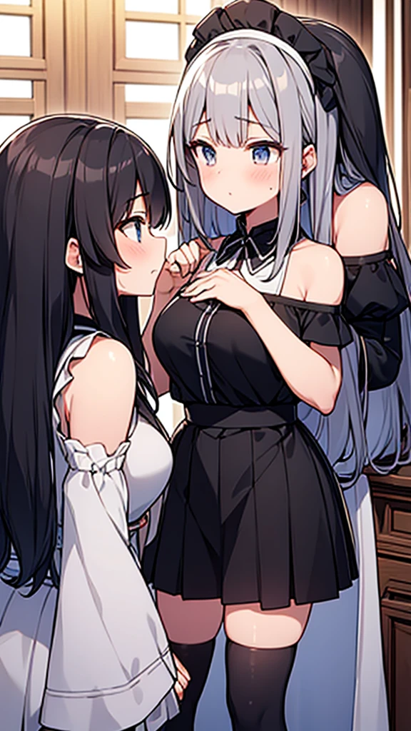 nsfw, 2 girls, twins, cat maids, ((detailed eyes)), ((bright eyes)) ((maid 1, first girl, long white hair, white cat ears, red heterochromatic eye, blue heterochromatic eye)) ((maid 2, second girl, long black hair, black cat ears, yellow heterochromatic eye, blue heterochromatic eye)) ((maids, maids headband)), ((visible breasts, huge breasts, exposed breasts, visible nipples , exposed nipples, topless), serious expression, looking at viewer, blushing, room, white gloves, white stockings, white apron, black maid clothing.