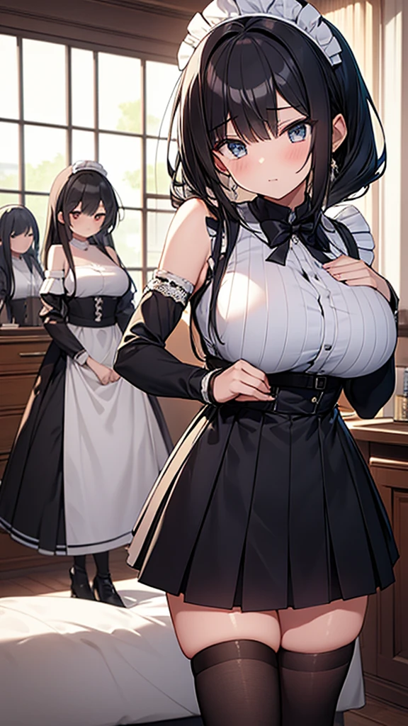 ((masterpiece)), (Highest quality、32k), (Simple style), (Faceless,Face peeling), 2 Girls, Only one maid, Big Breasts, Big Swing Chest, Wearing a face stolen from someone else, Sexy body, Sleeveless, No sleeve, Off the shoulder, Black Dress, Pleated lace, Lace dress, black knee socks. Standing, whole body, both hands touch the face, Luxurious Room, {{The maid who stole the face of the young lady, A blank faced young lady}}, Browsing Caution