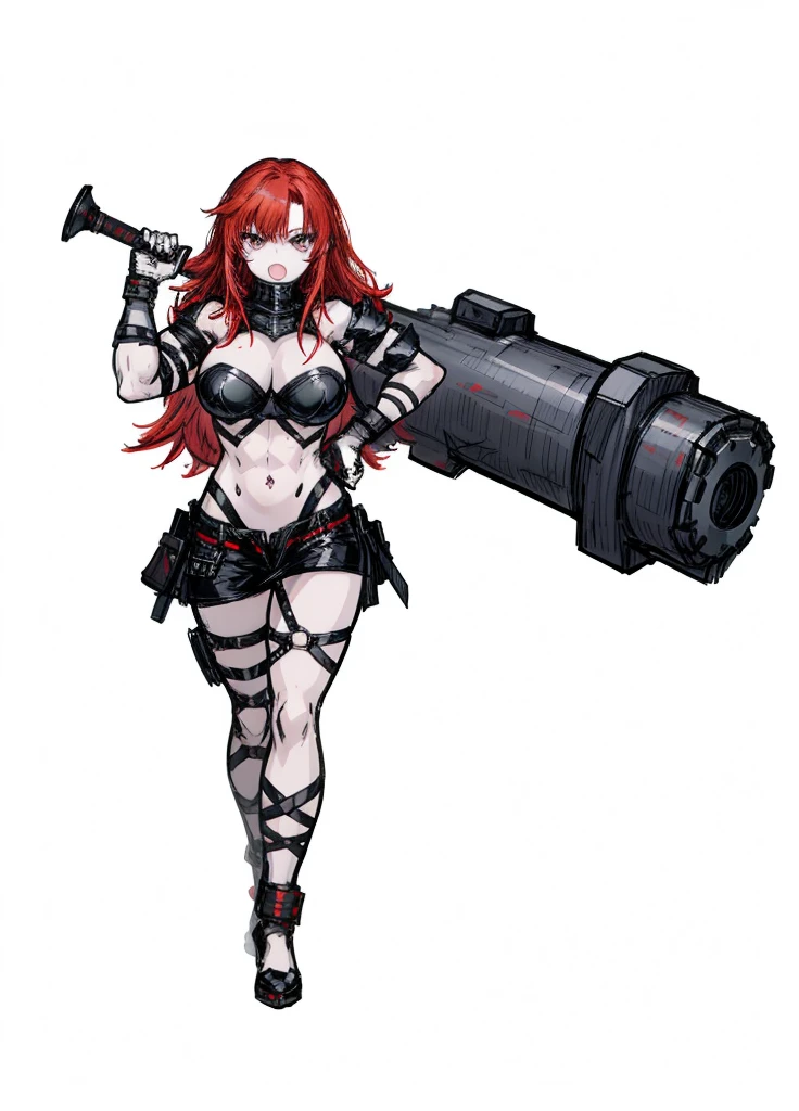 1girl, pale skin,  neon red hair, leather armor, muscular, sexy, cheerful, giant sledgehammer, nice clothes, (high resolution, high detail, best quality)