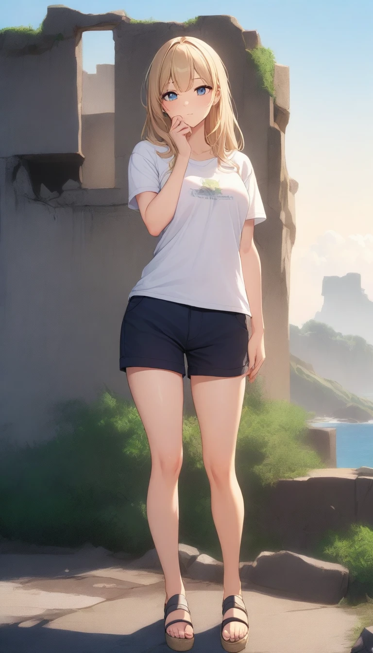 ((Highest quality、、masterpiece:1.3)), Upper Body、Long legs、Sharp focus:1.2, Beautiful woman with perfect figure:1.4、Big Breasts, (Smiling:1.2), double eyelid、30-year-old female、Sexy pose、((((Uninhabited island、ruins、Close your mouth、Standing woman、T-Shirts、Shorts、Sandals:1.5))))、Blue Eyes,
