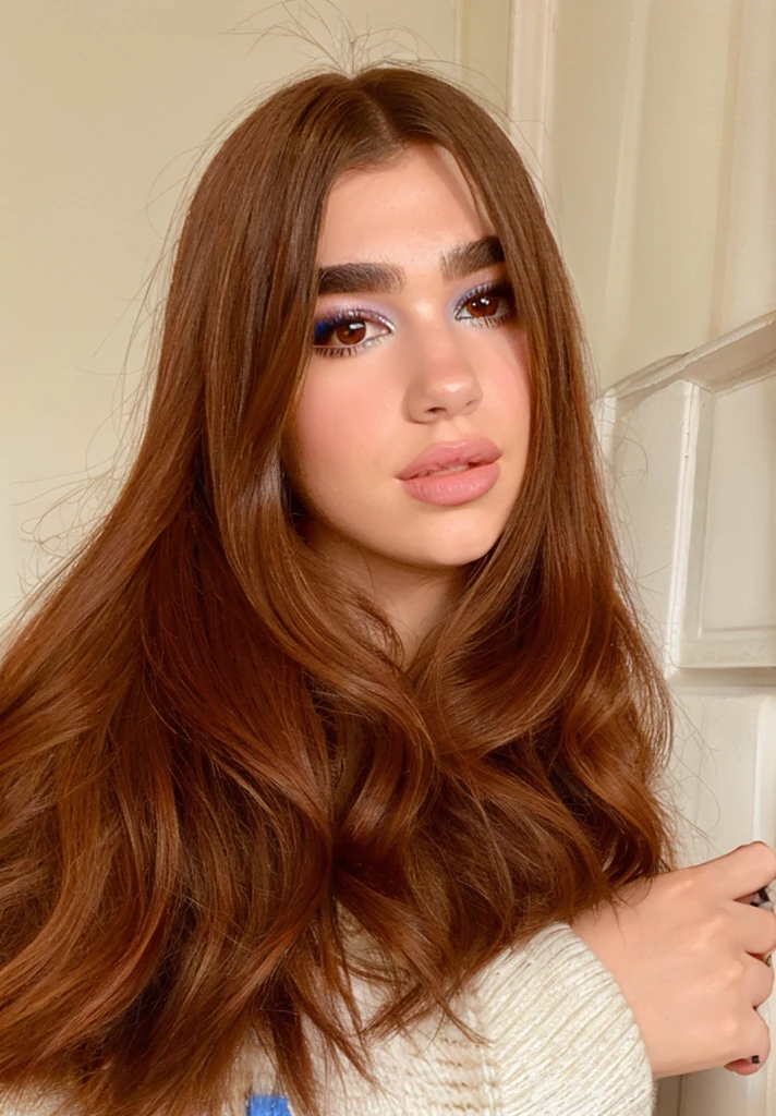 Dua lipa face bright makeup, realistic with long hair details 