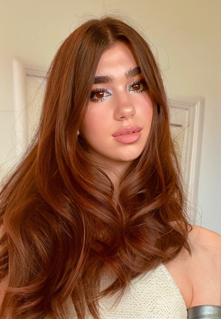 Dua lipa face bright makeup, realistic with long hair details