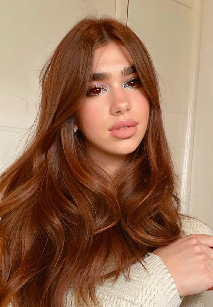 Dua lipa face bright makeup, realistic with long hair details 