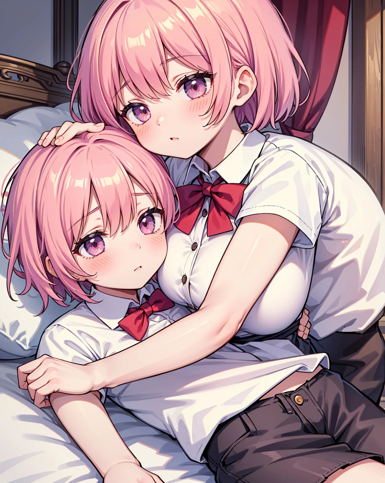 masterpiece, Highest quality, so beautiful, absurdists,High resolution,One girl, One boy,Cuddling in bed, like,sexly,Look at each one, blush,Age difference,bow tie,blondes,chest,Long Hair,Pink Hair,Tucked in shirt,short hair,skirt,Tent shirt,Slut,Big breasted sister and brother,Siblings,Trousers with bulging crotch,Pushing her big tits against her brother,My brother's penis erect in his trousers,My brother's small erect penis