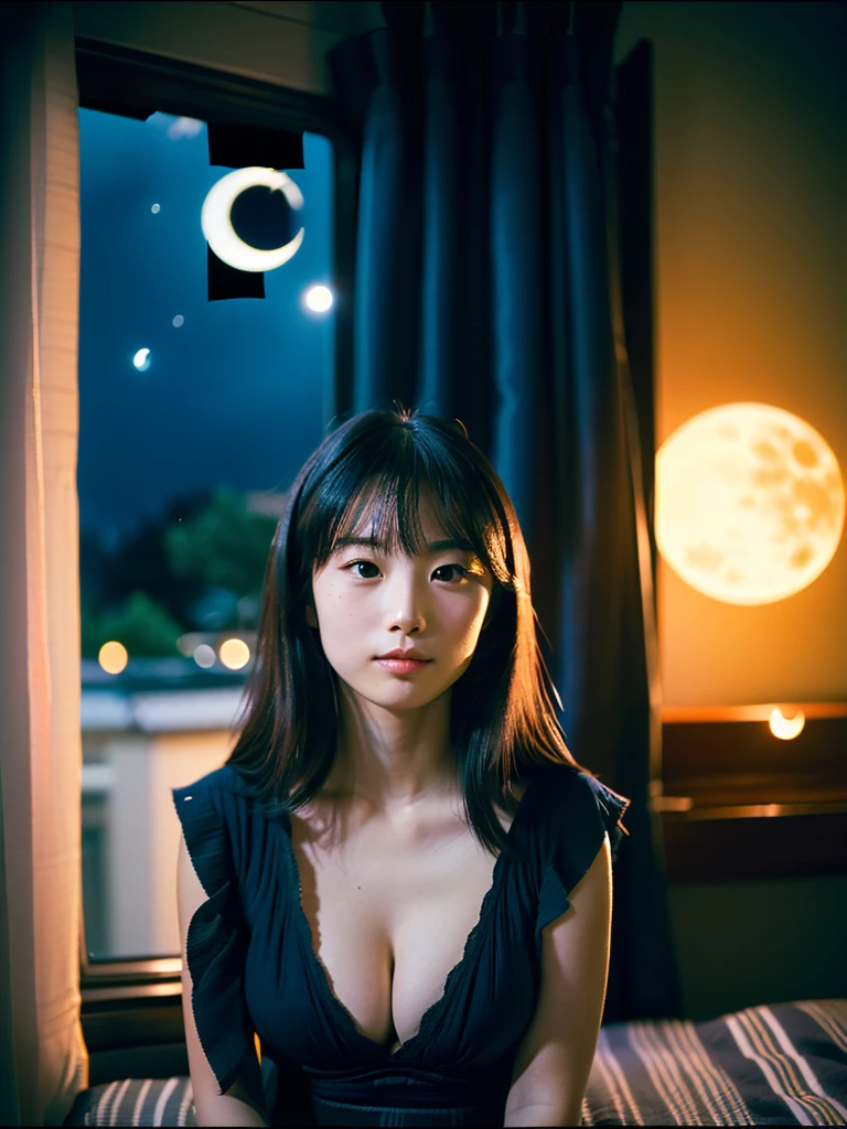 A very cute face like an idol、One 20-year-old woman with a youthful appearance、((leica 50 mm prime lens, cinestill 800T film))、(Cleavage)、(((Looking at the beautiful moon in the night sky from the window in my room)))、((Very dim lighting))、((Don&#39;t expose your face to the light))、((Long-distance shot))、RAW Photos、Genuine、live-action、(Artistic Expression)、High resolution、masterpiece