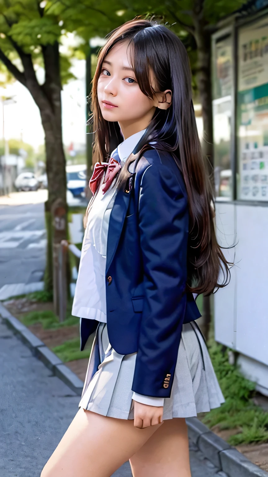 (High school girls walking on Tokyo street:1.2、blue sky)、((school uniform、blazer、Pleated skirt、Navy blue socks、loafers)、the wind is strong、(Realistic、Like a photograph、Live Action、8K, Realistic, RAW Photos, Best image quality: 1.4), Single-lens reflex camera、RAW Photos, Highest quality, Realistic, Highly detailed CG Unity 8K wallpaper, Written boundary depth, Cinematic Light, Lens flare, Ray Tracing, Realistic background、((ultra high density skin))、 Teenage girl on her way to school,Cute Japanese、(whole body:1.5)、Super detailed face,avert your eyes:1.1、(Silver inner color hair、Straight Long Hair:1.2、My hair flutters in the wind:1.4)、I like that style、stylish、Very detailed、Pay attention to the details、Perfect outfit、(Sunburned skin)、Side view、Accurate hands、Accurate legs、Detailed hands and fingers、Anatomically correct body、Thin legs、Thin thighs