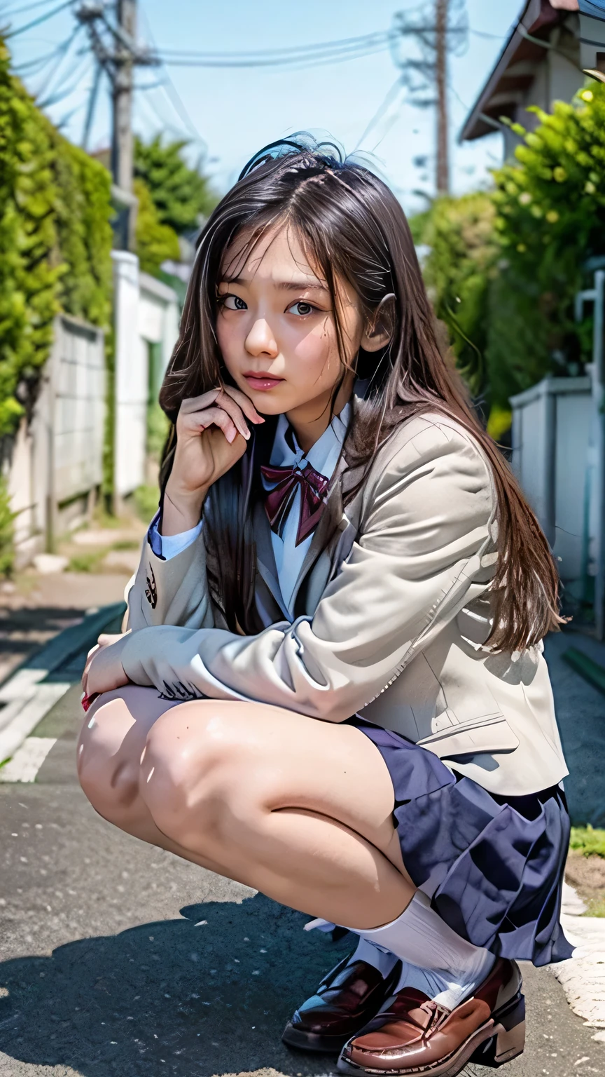 (High school girls walking on Tokyo street:1.2、blue sky)、((school uniform、blazer、Pleated skirt、Navy blue socks、loafers)、the wind is strong、(Realistic、Like a photograph、Live Action、8K, Realistic, RAW Photos, Best image quality: 1.4), Single-lens reflex camera、RAW Photos, Highest quality, Realistic, Highly detailed CG Unity 8K wallpaper, Written boundary depth, Cinematic Light, Lens flare, Ray Tracing, Realistic background、((ultra high density skin))、 Teenage girl on her way to school,Cute Japanese、(whole body:1.5)、Super detailed face，avert your eyes:1.1、(Silver inner color hair、Straight Long Hair:1.2、My hair flutters in the wind:1.4)、I like that style、stylish、Very detailed、Pay attention to the details、Perfect outfit、(Sunburned skin)、Side view、Accurate hands、Accurate legs、Detailed hands and fingers、Anatomically correct body、Thin legs、Thin thighs