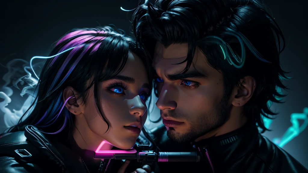cyberpunk male FALLEN ANGEL KISSING A BEUATIFUL GIRL, high detail, long shot, wide shot, 4K, 3D, REALISTIC, (iridescent glow smoke), UHD, 32K, very bold neon colors, black light, neon light