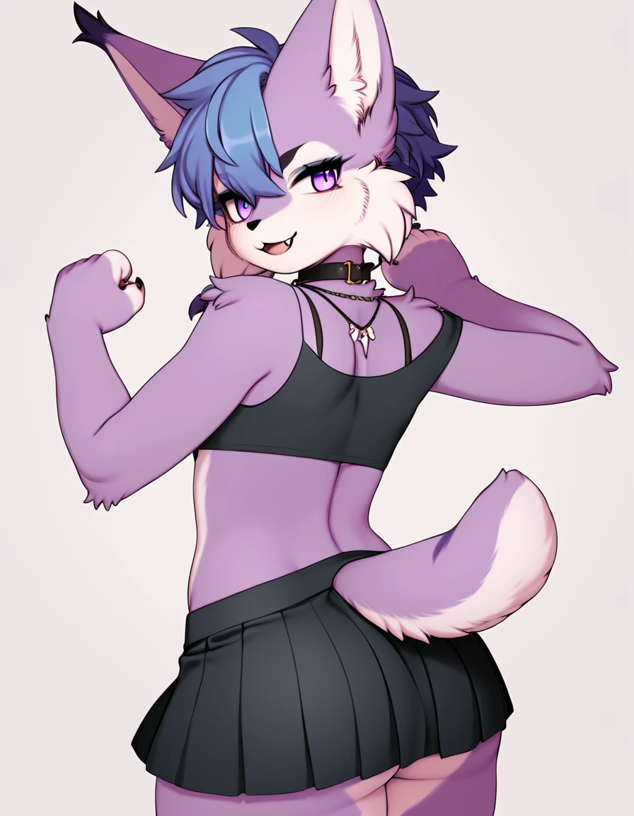 score_9,score_8_up,score_7_up,score_6_up,score_5_up,score_4_up, Lynx, purple fur, purple eyes, anthro, blue hair, purple hair, long hair, eyeliner, eyelashes, black eyeshadow, furry art, cheeks tuft, shoulder tuft, male focus, femboy, fingerless gloves, cute fangs, kemono, shota, fluffy neck, icon portrait, claws, black nails, navel, showing teeth, covered nipples, (by nextel), 3d, blender software, crop top, ((mini skirt)), penis, medium hair, necklace, 5 fingers, slut written on clothes, paw pose, black clothes, collar, off shoulder, back view, rear view, butt focus,