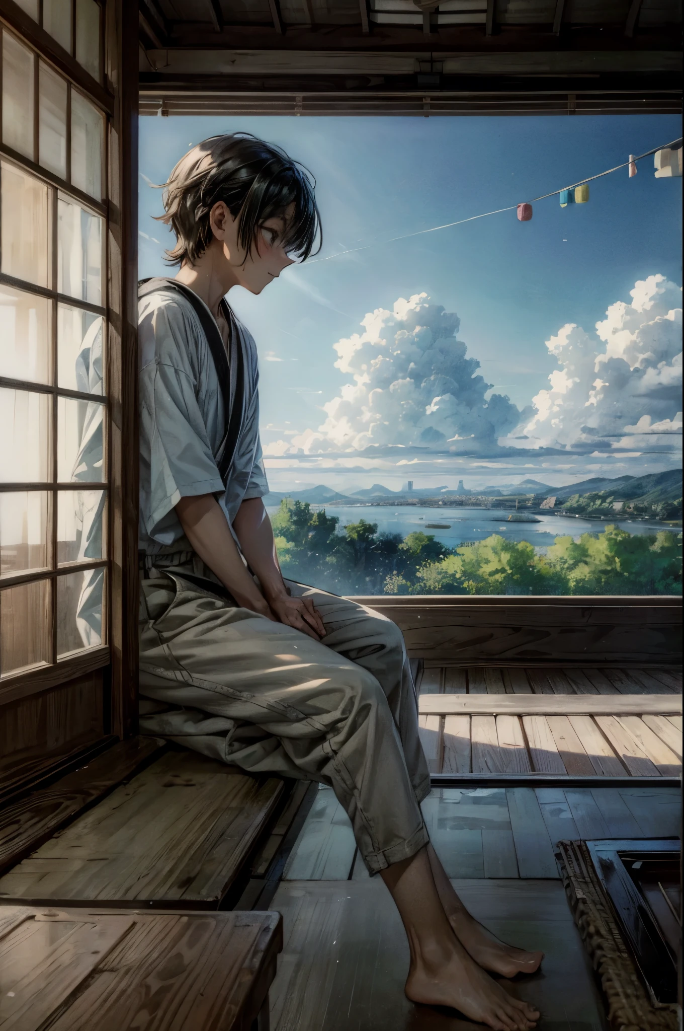 Anime illustration of a scene from summer vacation. There is a veranda in a Japanese-style room in a house in the countryside, and they are sitting there eating watermelon and laughing. There is a wind chime in the Japanese room, a cool breeze blows in, sunlight sways, daytime, digital art, octane tempo style, pastel with a blue atmosphere, overall particle light, cowboy shot, dynamic angle, baggy wearing a large white T-shirt