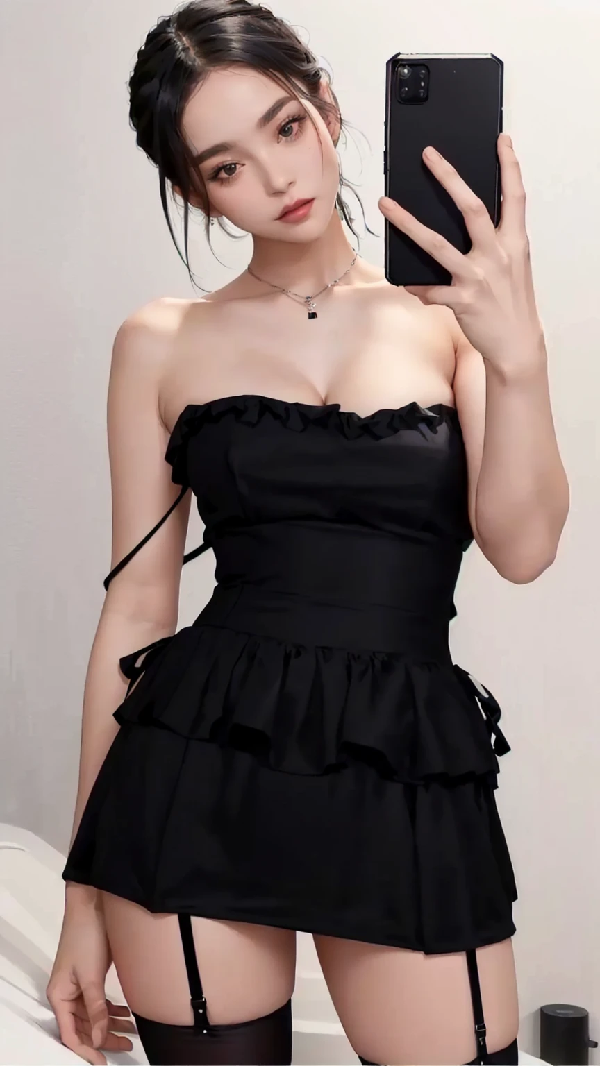 there is a woman in a black dress taking a selfie, tube-top dress, strapless dress, sexy dress, black dress, corset, she is wearing a black dress, dark black dress, dark dress, wearing black dress, with black, cute black dress, opened dress, black top, elegant corset, frill, tumblr, wearing a black dress, wearing dress