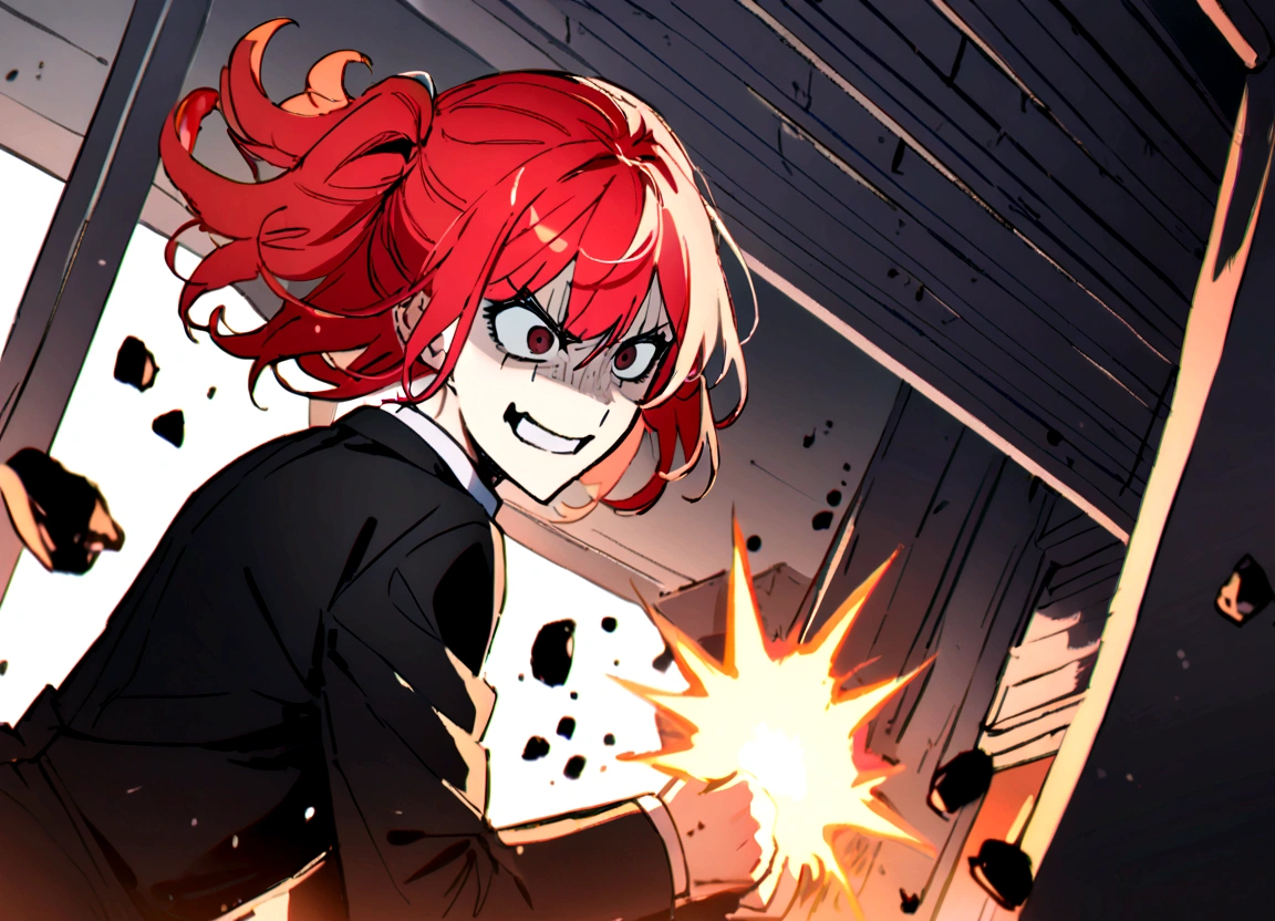 Red hair, black suit, punches, scary smile, office, destroying, debris flying.
