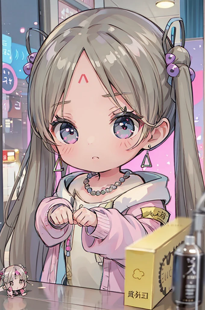 Realistic、Chibi Girl Doll、Long Hair、hair ornaments、jewelry、Earrings、Twin tails、necklace、Face mark、Forehead mark、Long sleeve、Jacket、black tights、