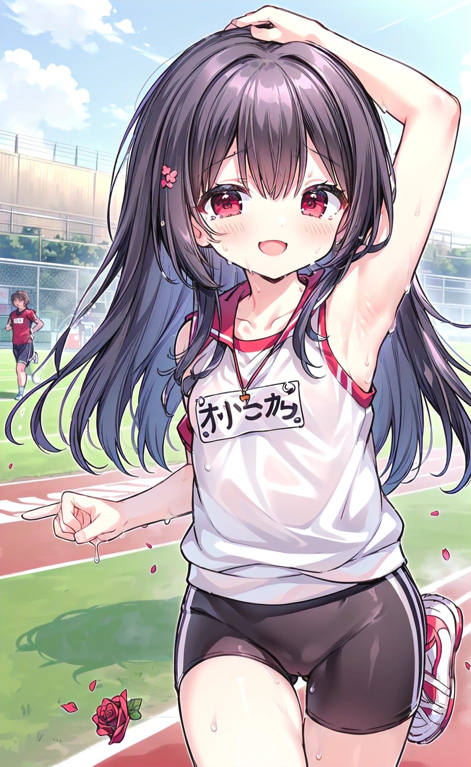 Very cute short , adolescent, (showing both armpits :1.2), (short height, , , Loli), (masterpiece, realistic, best quality:1), light, (detailed face, detailed eyes, detailed hair:1.1), ultra detailed, 8k, intricate details, 1girl, solo, anime, looking at viewer, (small  girl, , side pits, sweat drips armpits, cute and petite:1.4), (exercising, running marathon, sports wear, gym clothes, track uniform, sweating profusely:1.3) cute flower headband, wearing rose necklace under the collarbone, detailed face, (red ruby eyes, very detailed eyes), very long black hair, elegant, brave and positive smile to viewer, pointing to viewer, eyes blinking at viewer, (on running track, school background at daylight:1.2)