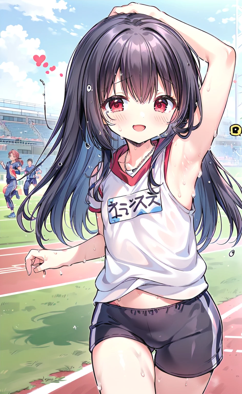 Very cute short , adolescent, (showing both armpits :1.2), (short height, , , ), (masterpiece, realistic, best quality:1), light, (detailed face, detailed eyes, detailed hair:1.1), ultra detailed, 8k, intricate details, 1girl, solo, anime, looking at viewer, (small girl, , side pits, sweat drips armpits, cute and petite:1.4), (exercising, running marathon, sports wear, gym clothes, track uniform, sweating profusely:1.3) cute flower headband, wearing rose necklace under the collarbone, detailed face, (red ruby eyes, very detailed eyes), very long black hair, elegant, brave and positive smile to viewer, pointing to viewer, eyes blinking at viewer, (on running track, school background at daylight:1.2)