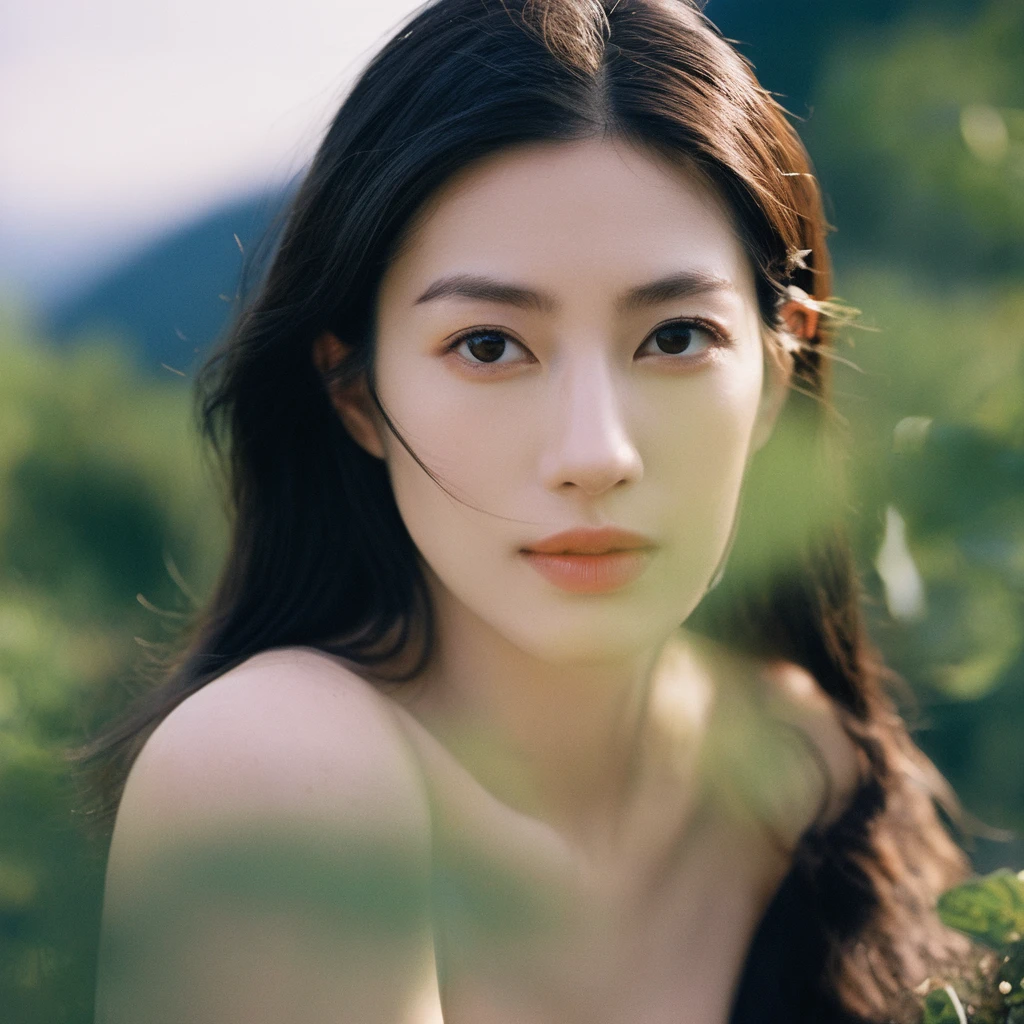 Close up portrait of a beautiful face Korean girls on ‘volcano’ still from the film, ((solo)), (Anne Hathaway look alike face: 0.9), in the style of beauty cosmetics, confidence smile, fighting practice photography, rose gold and olive green, burne-jones, photorealistic urban scenes, luminosity of water, Leica SL3, Summicron-SL 75 f/2 ASPH, kodak gold 200 film, bare shoulder, bath towel, dynamic action pose,
