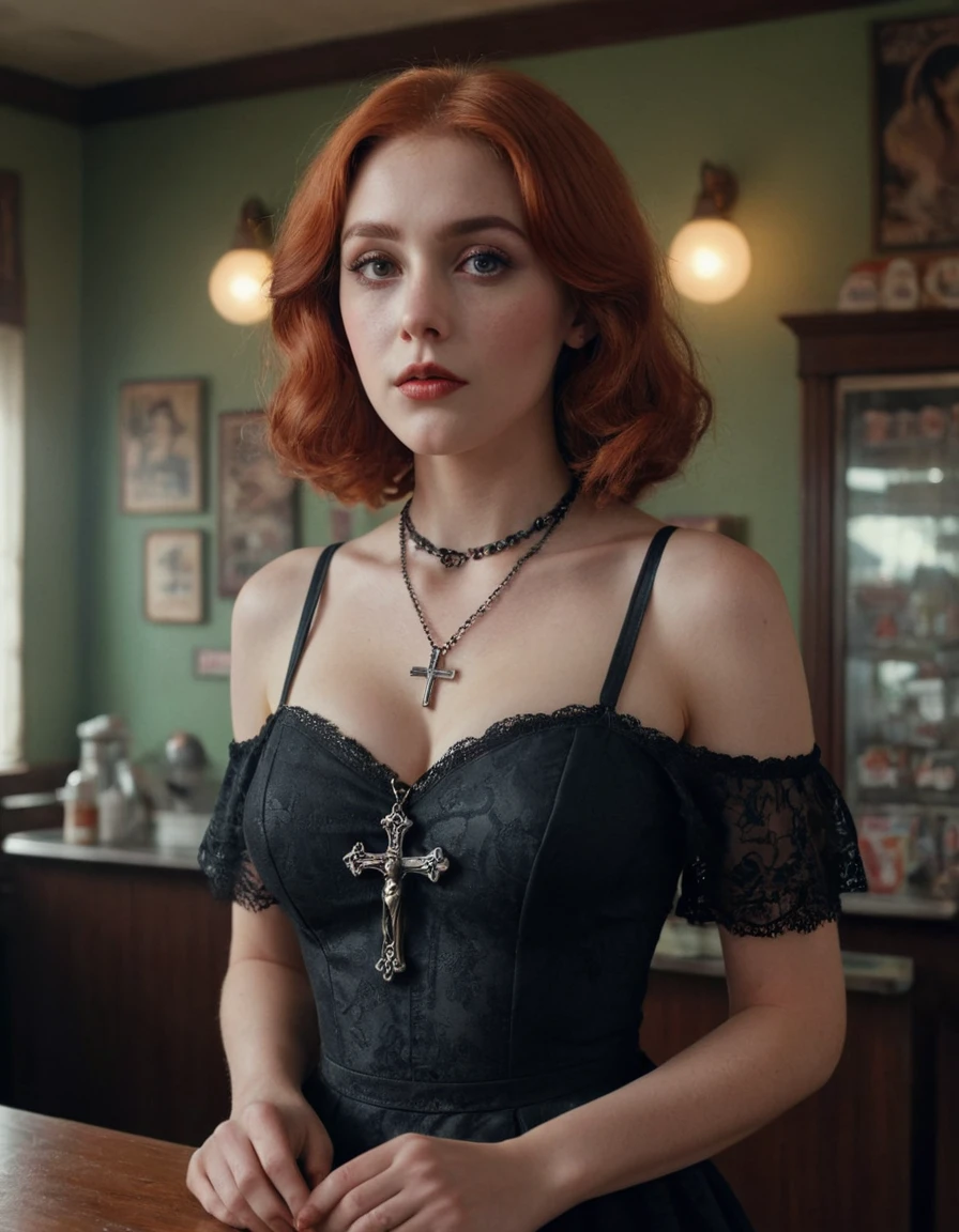 arge redhair,  (((large breasts))) gotic dress, retro pastel walls, vintage soda fountain, old ice cream posters, walking in the street, sunlight, analog film, kodachrome, (best quality,4k,8k,highres,masterpiece:1.2),ultra-detailed,(realistic,photorealistic,photo-realistic:1.37),detailed interior, intricate details, soft lighting, beautiful colors, pastel tones, old-fashioned aesthetic, nostalgic atmosphere, vintage style, high quality photograph gothic cross necklace, dark gothic style, Tim Burton inspired
