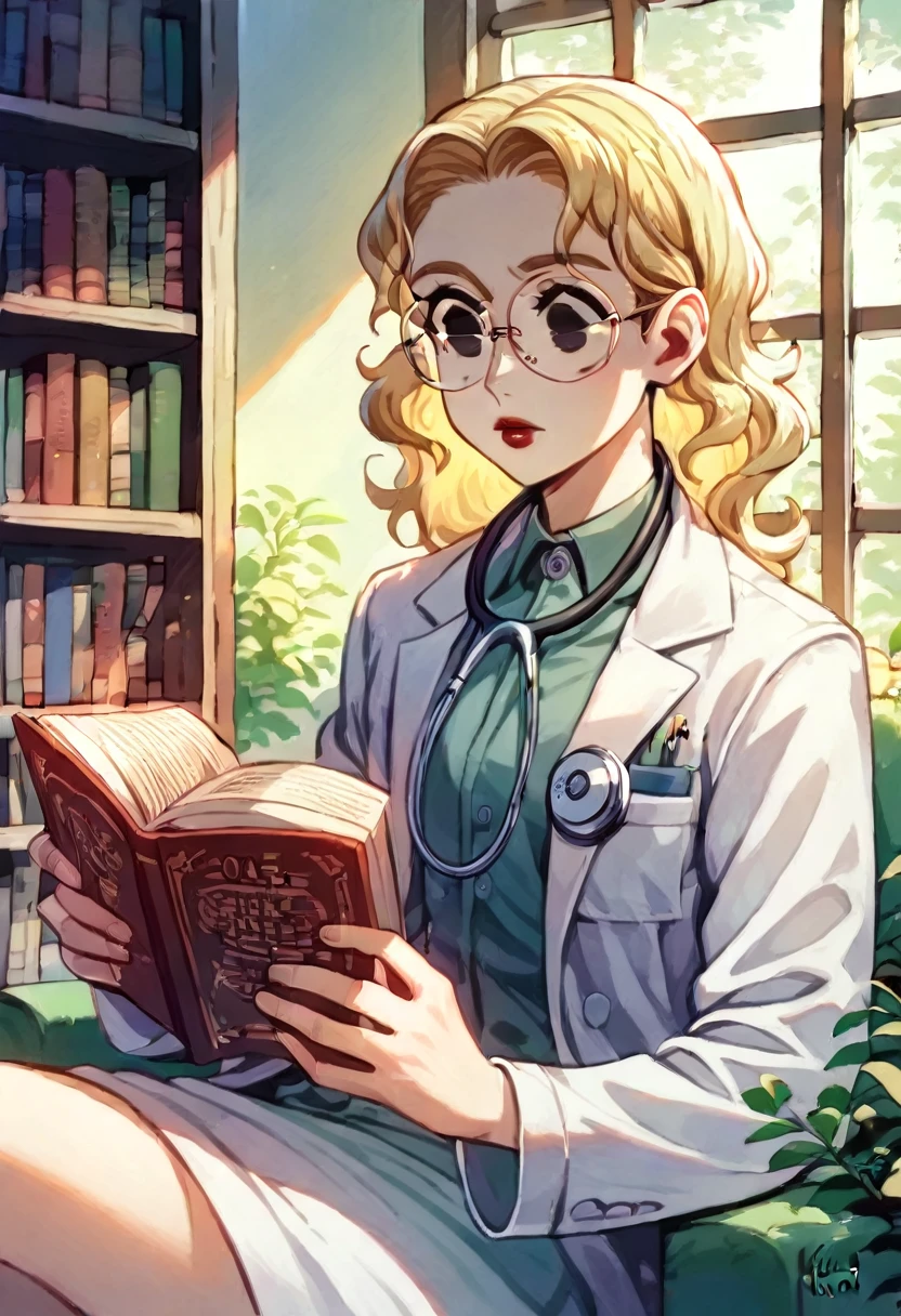 melhor qualkorr, ultra details), a woman reading a nursing book ,Round face, 35 year old de kor, beautiful detailed eyes, (eyes browns:), short wavy blonde hair,beautiful detailed red lips, corpo mid size,studying , a quiet library, soft natural lighting, Shelves full of books, reading glasses, concentrated expression, Round face, corpo mid size, white labcoat,stethoscope around the neck, dramatic light, (kor:35 year old) (melhor qualkor ,ultra details),