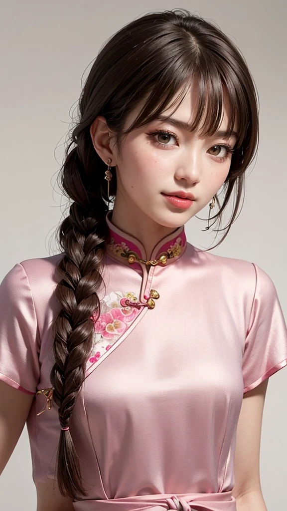 Realistic, masterpiece, Highest quality, Highest Resolution, Anatomically correct, Accurate Anatomy, One Japanese woman, Smile, Fine and beautiful eyes, Sparkling eyes, Thin eyebrows, Gives lashes a delicate finish, False eyelashes, (Chinese traditional makeup:1.2), (Braided hair, Blunt bangs, Brown Hair:1.2), Detailed face, Sharp Eyes, (Classic pink cheongsam:1.3), Classic poses for female models, Upper body photo, Blank background in warm colors