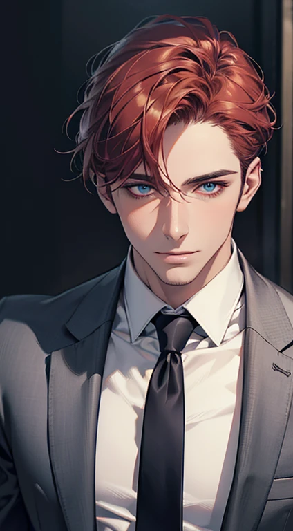 (Highest quality,4K,8K,High resolution,masterpiece:1.2),Super detailed,(Realistic,photoRealistic,photo-Realistic:1.37),1 person,31 years old,Mature Men,Beautiful skin、very handsome,Expressionless,smile,Short gray red hair,blue eyes,Sharp Eyes,A perfect face without a doubt,Businessman,Office Background,Cinema Lighting,HDR image,tie、