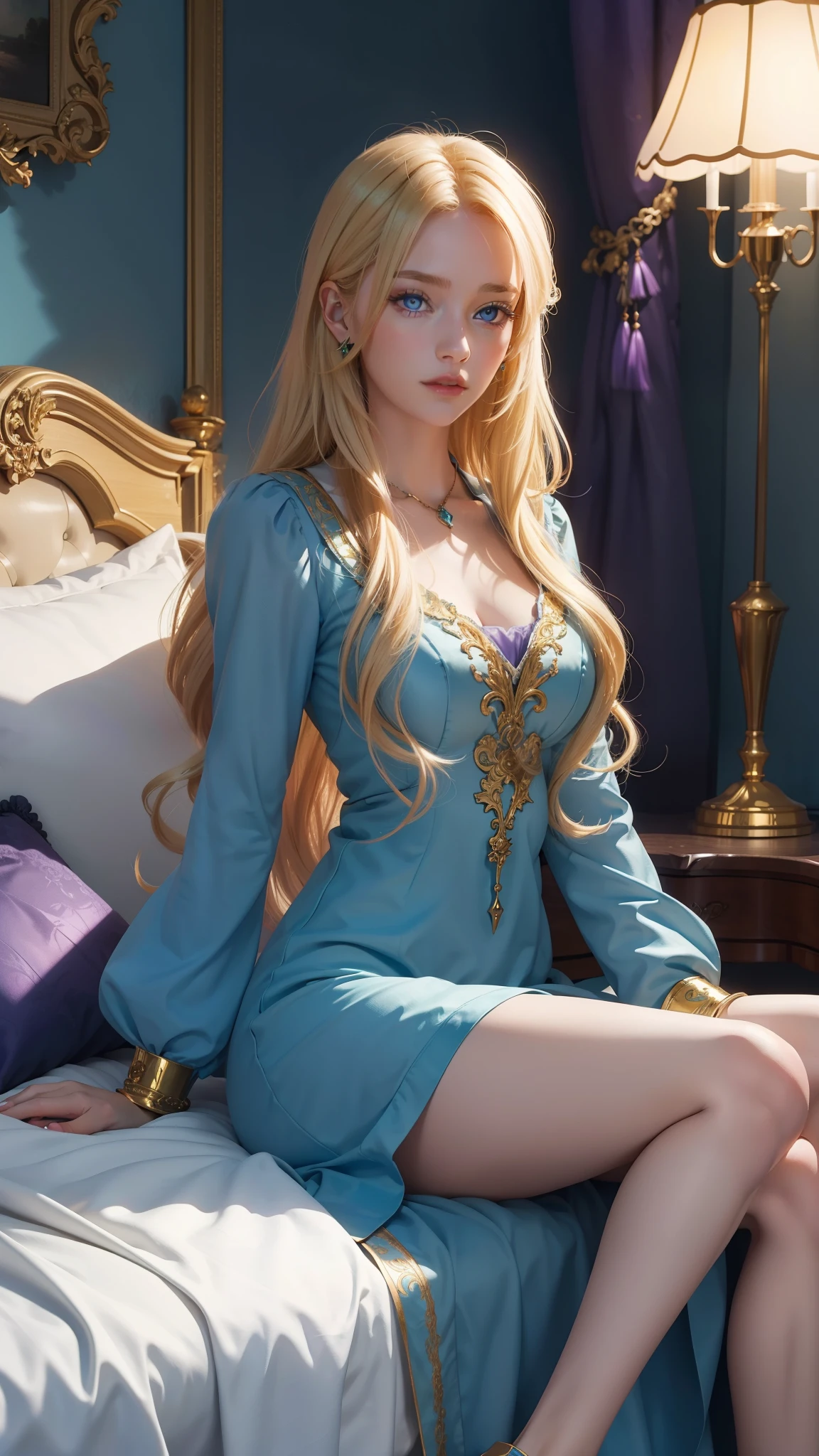 One girl,Soft Light,Large Breasts、Beautiful slender beauty、Blue Eyes、smile、Earrings、Gold Necklace、Blonde semi-long、(White Dress、Strapless dress)、Off the shoulder、Luxury rooms in luxury hotels、There is a bed、Focus on the chest、Above the knee shot、 looking at the camera、( Professional Lighting、highest quality、High resolution, 8k, masterpiece),