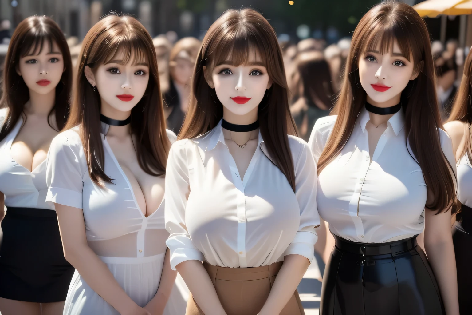 crowd, Many women, Crowded, Long Hair, Brown Hair, sexy, ((A line of women, Women waiting in line, Girls only)), Sisters, ((Tight ivory white shirt)),Full body photo:1.9, Adorable, smile, Slim face, Slim body, 32k, masterpiece, Best image quality,Ultra-high resolution,Perfect hands,Black Choker、blue eyes、bangs、Very lush and long eyelashes, Lots of girls、((Big Breasts)), Dependents, Big Breasts, Red lipstick、terrace, blue sky、Pan Focus、A photo where everyone is in focus