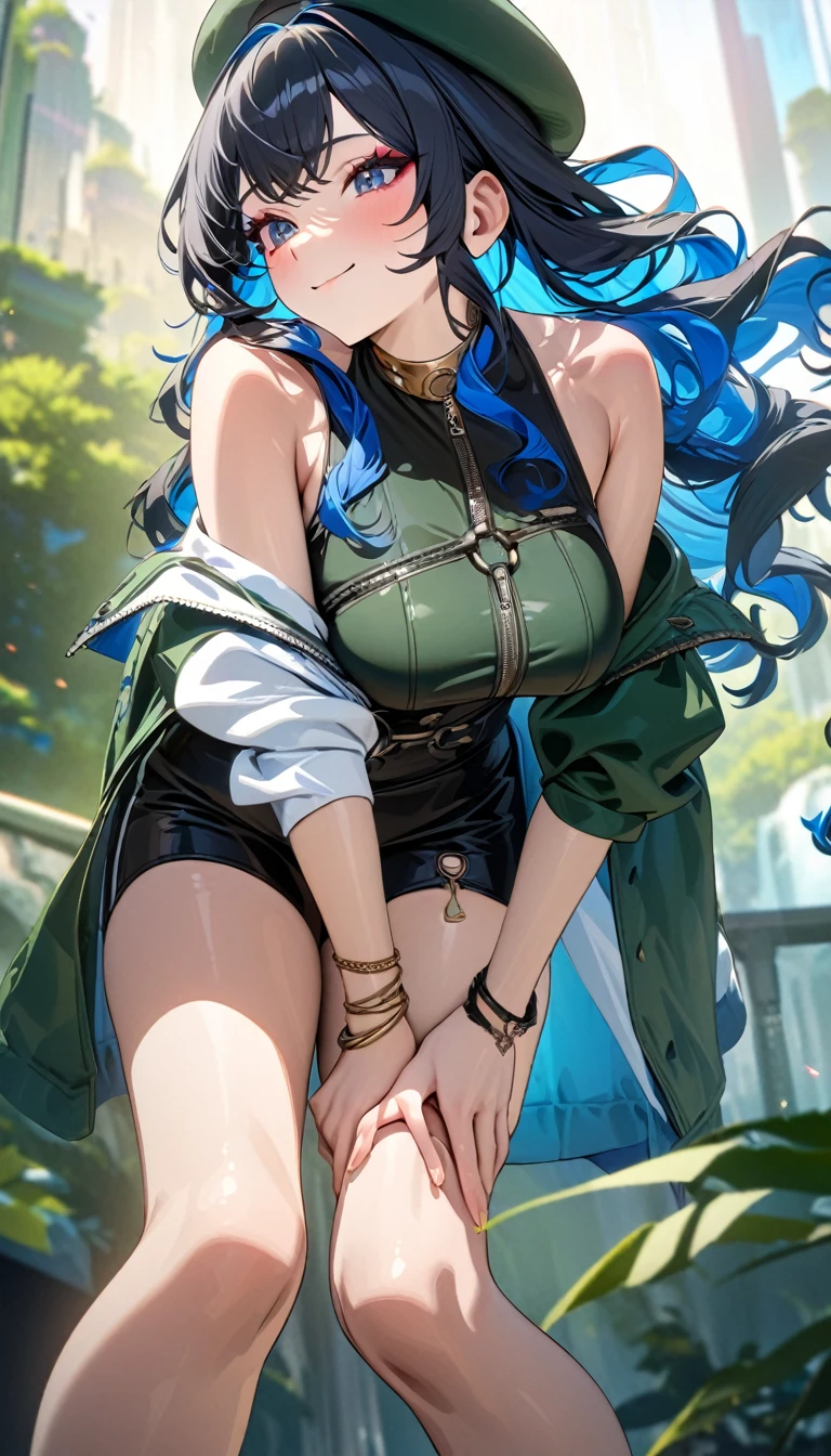 masterpiece, best quality, high_resolution, finely detailed, extremely detailed and beautiful, distinct_image, 1 girl, solo, underneath, hair with white locks on the front, red on the rest of the hair, blue eyes, green band on the head, torn t-shirt, bare shoulders, bare abdomen, a spear in the left hand, detailed hand, (huge breasts), (underboob), outdoor, plants, trees, torn skirt --auto --s2