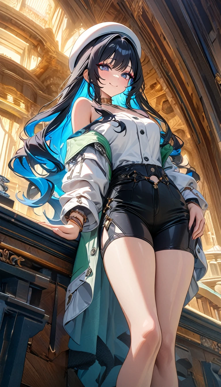 ((masterpiece, best quality)), very aesthetic, ultra detailed, intricate details, highly detailed, UHD, HDR, 8K, perfect face, 1girl, solo, long hair, black hair, colored inner hair, blue hair, wavy hair, eyeliner, makeup, jewelry, beret, o-ring, neck ring, black shorts, buttons, round sunglasses, bracelet, bare shoulders, green jacket, white jacket, off shoulder, zipper, from below, leaning forward, hand between thighs, smile, closed mouth, cropped face, lower body, masterpiece, detailed background, neat and clean, thin lines, vibrant environment background, (newest anime art style)