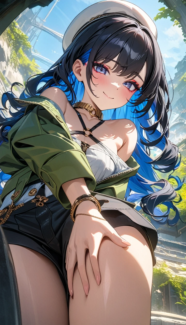 ((masterpiece, best quality)), very aesthetic, ultra detailed, intricate details, highly detailed, UHD, HDR, 8K, perfect face, 1girl, solo, long hair, black hair, colored inner hair, blue hair, wavy hair, eyeliner, makeup, jewelry, beret, o-ring, neck ring, black shorts, buttons, round sunglasses, bracelet, bare shoulders, green jacket, white jacket, off shoulder, zipper, from below, leaning forward, hand between thighs, smile, closed mouth, cropped face, lower body, masterpiece, detailed background, neat and clean, thin lines, vibrant environment background, (newest anime art style)