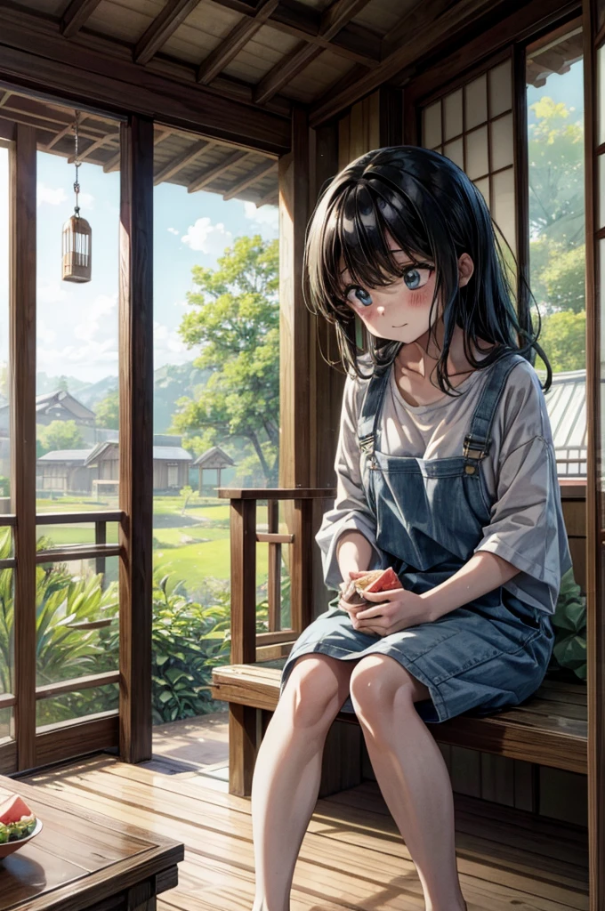 Anime illustration of a scene from summer vacation. There is a veranda in a Japanese-style room in a house in the countryside, and they are sitting there eating watermelon and laughing. There is a wind chime in the Japanese room, a cool breeze blows in, sunlight sways, daytime, digital art, octane tempo style, pastel with a blue atmosphere, overall particle light, cowboy shot, dynamic angle, baggy wearing a large white T-shirt