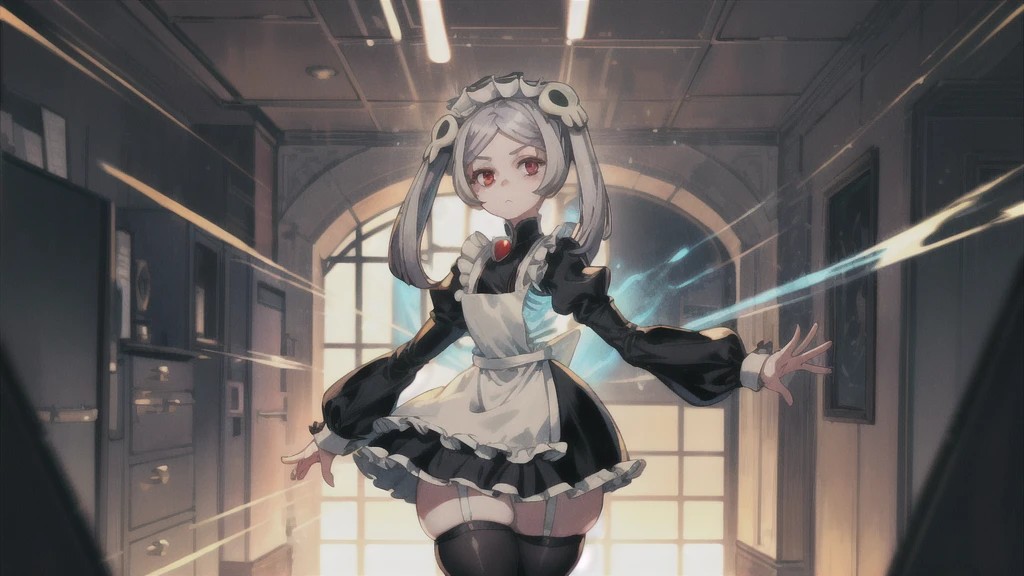 1girl, solo, indoors, skg_marie, maid, maid apron, maid headdress, twin tails, skull hair ornament, red brooch, juliet sleeves, light rays, glow, (masterpiece), thick thighs, standing, wide hips, thick ass