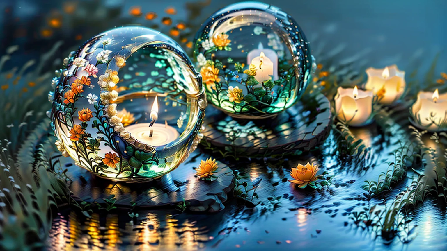 A candle is lit in the middle of the pond, Moon and candle, night with Moon and candle, Peaceful atmosphere, Calm evening atmosphere, Peaceful mood, Very beautiful photos, very Peaceful mood, Soft moonlight lighting, Relaxed atmosphere, Beautiful moonlight, relaxed mood, Peaceful and serene, Sweet Night Ambient, Dreamy atmosphere of a moonlit night