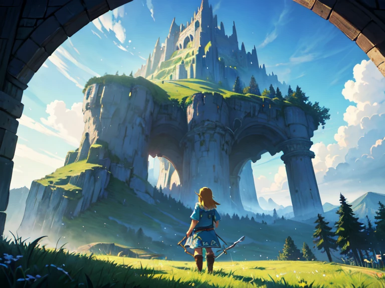 Impressionism,Rainerism,The Legend of Zelda, Hero Link with the Master Sword in hand、A scene looking out over the land of Hyrule。In the background is a vast grassland and Death Mountain in the distance.、There&#39;s a bright light in the sky。Link looks brave.、Confident。