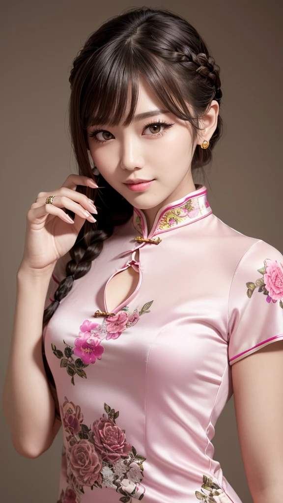 Realistic, masterpiece, Highest quality, Highest Resolution, Anatomically correct, Accurate Anatomy, One Japanese woman, Smile, Fine and beautiful eyes, Sparkling eyes, Thin eyebrows, Gives lashes a delicate finish, False eyelashes, (Chinese traditional makeup:1.2), (Braided hair, Blunt bangs, Brown Hair:1.2), Detailed face, Sharp Eyes, (Classic pink cheongsam:1.3), Classic poses for female models, Upper body photo, Blank background in warm colors