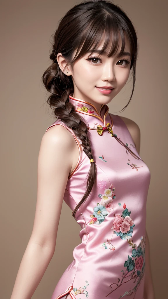 Realistic, masterpiece, Highest quality, Highest Resolution, Anatomically correct, Accurate Anatomy, One Japanese woman, Smile, Fine and beautiful eyes, Sparkling eyes, Thin eyebrows, Gives lashes a delicate finish, False eyelashes, (Chinese traditional makeup:1.2), (Braided hair, Blunt bangs, Brown Hair:1.2), Detailed face, Sharp Eyes, (Classic pink cheongsam:1.3), Classic poses for female models, Upper body photo, Blank background in warm colors