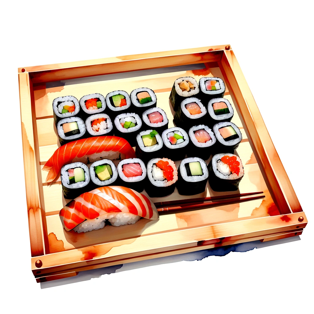 there is delicious sushi, served in a wooden tray, illustration, isolated with solid white background, surrounded with negative space, centered compositon, 8k, highly detailed painting, very precise painting, Isolated, clear brilliant white background, perspective angle of view, vector clipart