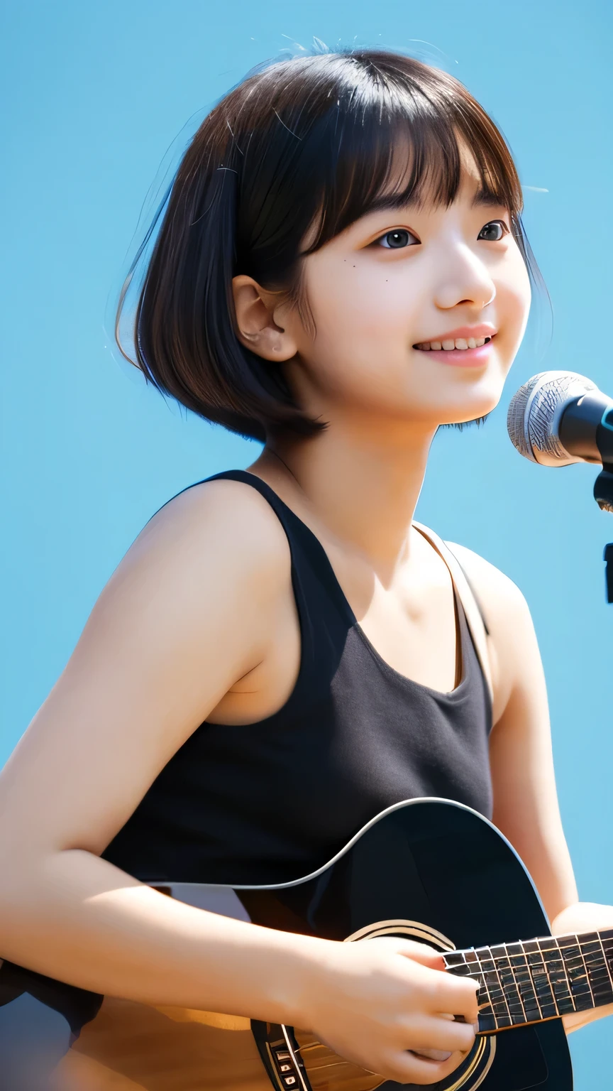 masterpiece High resolution Female student very cute natural atmosphere boyish Bobcut Dimples Mole Raccoon face Tank top Playing Acoustic Guitar Are standing