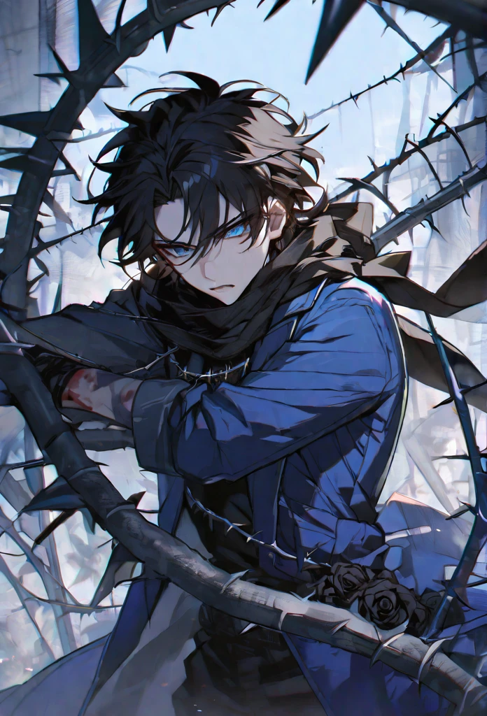 Solo, male, black hair, blue eyes, blue coat, black scarf, black roses, thorns, blood