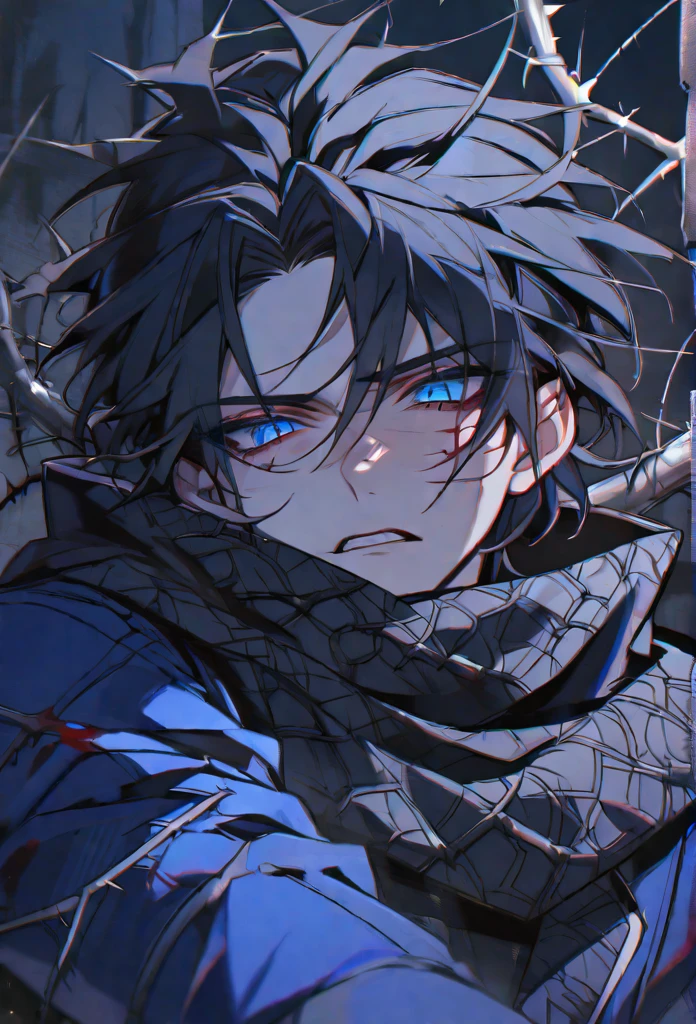 Solo, male, black hair, blue eyes, blue coat, black scarf, black roses, thorns, blood