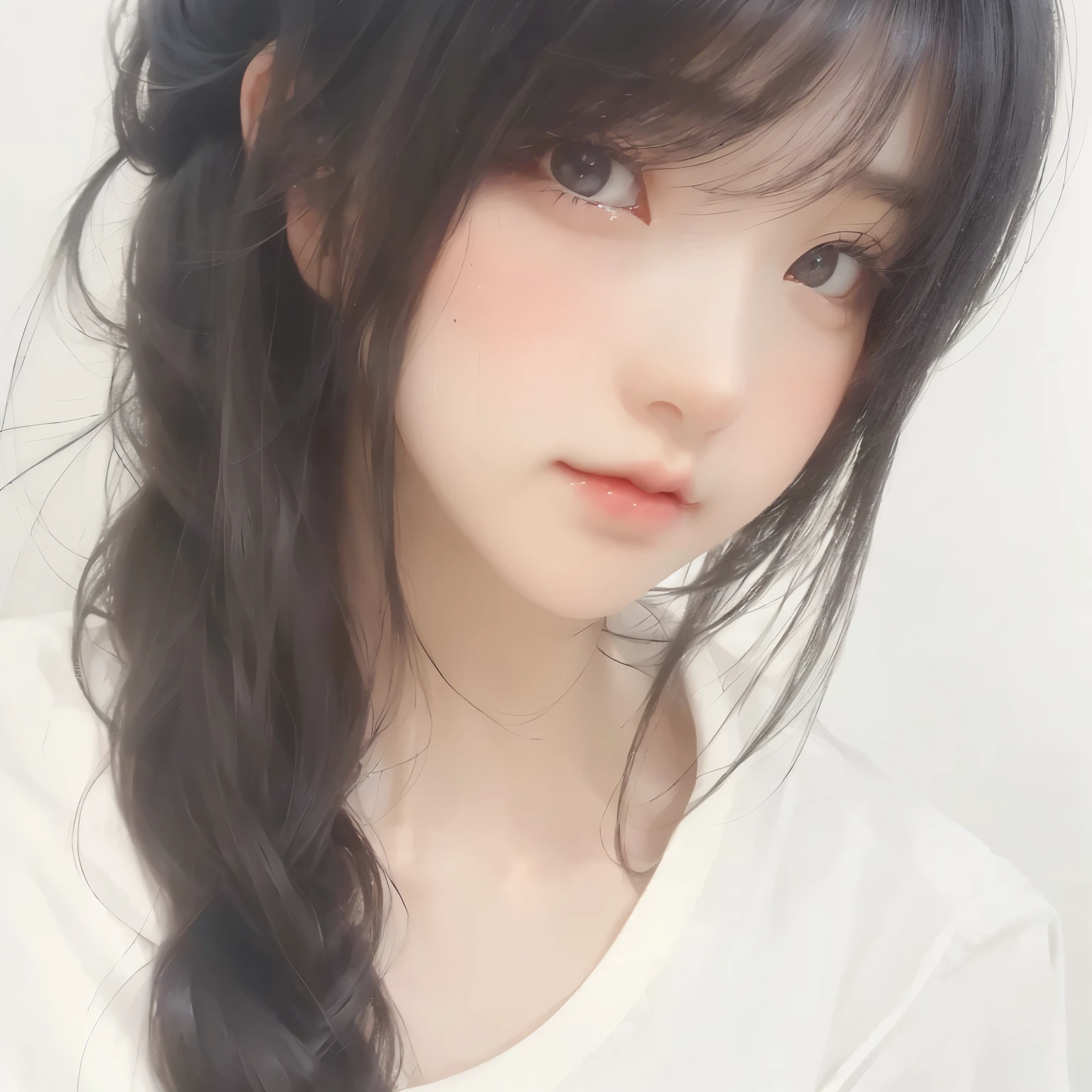 A woman with long hair in a white shirt, Uranus, cute anime-style face, cute and detailed girl, realistic anime girl, Chihiro, she has black hair with bangs, Kuronuma Sawako, adorable Korean face, cute and detailed face, young cute pale Asian face, Sakimichan