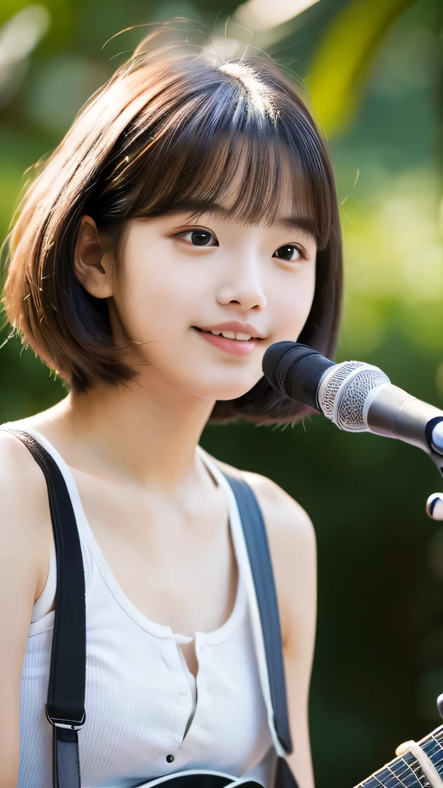 masterpiece High resolution Female student very cute natural atmosphere boyish 16 years old Bobcut Dimples Mole Raccoon face Tank top Playing Acoustic Guitar Are standing